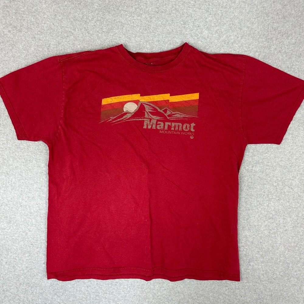 Marmot Graphic T-Shirt Mens XXL Red Mountain Sun Retro Short Sleeve